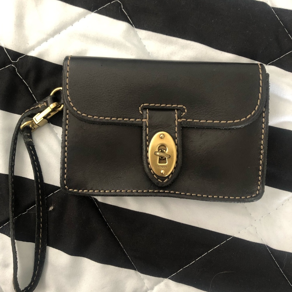 Black with gold fossil wristlet